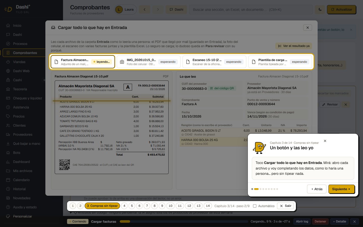 La demo de Dashi: el recorrido guiado explica la carga de facturas de Tilo SRL
